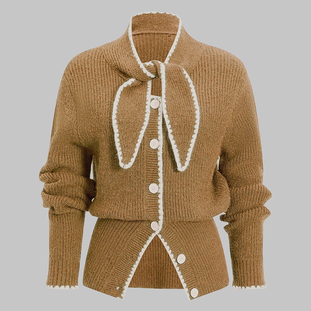 Women’s Camel Knit Cardigan with Contrast Trim